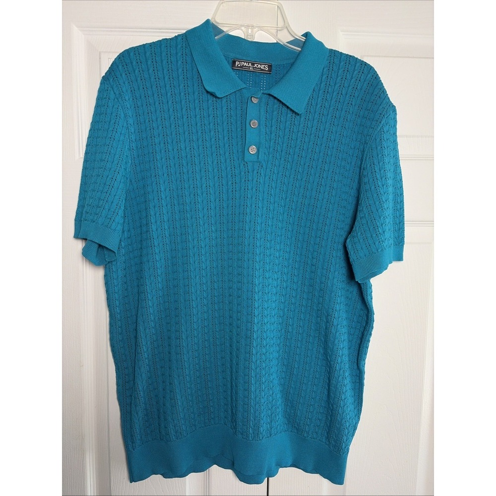 PJ Paul Jones Knit Polo Shirt Mens Size XL Blue Pointelle Cable Knit Texture‎